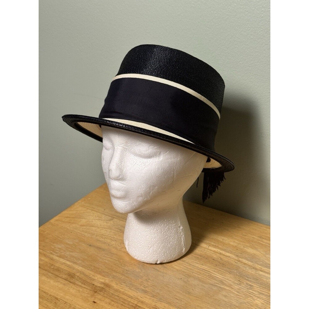 Vintage 1960/70s Navy Blue Straw Hat - 22.5in - Ribbon Accent - Great Condition